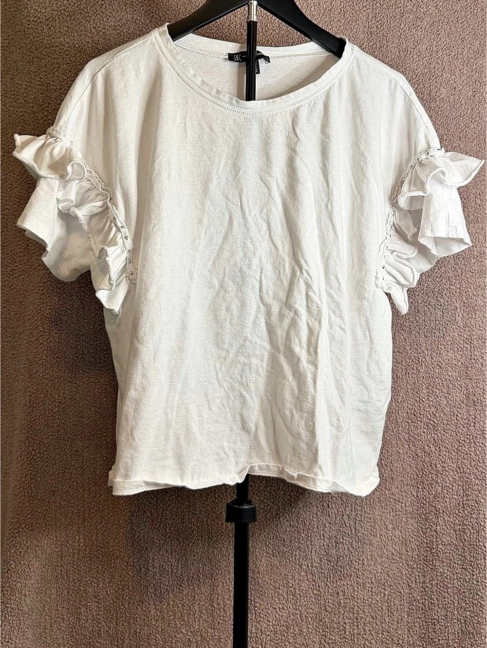 INC International Concepts White Ruffle Stud Sleeve Top Size L
